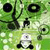 Pixelated green background with dark circular shapes and a white central figure with black limbs.