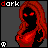 Animated contact sheet of a pixel-art gothic doll with red hair and glowing eyes, showing six sequential frames of motion against a gray background.