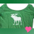 Green sweater with white moose graphic and pink/maroon heart icons in a