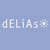 Pixelated text 'delias' in white lowercase letters with a small flower icon on the right, set against a light blue background.