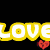 Pixelated text and symbols on a black background with animated heart elements and a pink fabric-like section.