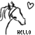Black-and-white pixelated horse head icon with flowing mane, two heart symbols above, and text below reading HELLO on left side of animation.