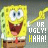 Yellow cartoon sponge character with blue eyes, brown pants, red tie points right while text reads 'UR UGLY! HAHA!' on gray background.