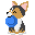 Pixel art dog with brown, black, and white fur holds a blue ball, facing left in first frame and right in second frame.