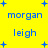 Yellow background with blue text and plus signs; two of names 'morgan' and 'leigh' in pixelated font, surrounded by small blue plus symbols