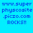 Blue pixelated text on a split background reads www.superphyscosite.piczo.com ROCKS!! in four identical quadrants.