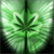 Green pixelated icon featuring a central cannabis leaf with seven serrated lobes against a gradient background of light green and white halos.