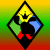 Pixelated diamond-shaped icon with yellow top section, green and blue side sections, and black bottom section; animated sequence shows a blue creature with green eyes and red collar emerging from the diamond.