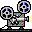 Two pixel-art film projectors on a gray background, each with rotating reels and yellow light beams projecting from their lenses.