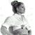 Black-and-white pixelated image of a woman with hair in an updo, wearing a light-colored top and dark pants, standing against white background.