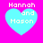 Four identical light blue heart shapes on a bright pink background, each containing white pixelated text reading "Hannah and Mason" in three lines.
