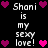 Pixelated text and heart symbols repeat across a black background, with white text reading "Shani is my sexy love!" surrounded by pink and magenta hearts.