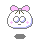 Pixelated character with pink bow, white face, and blue eyes in multiple expressions including neutral, surprised, and smiling.