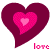 Pixelated heart-shaped icon with layered pink and maroon hearts, featuring the word "love" in pixelated text at bottom right.