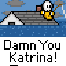 Animated contact sheet showing a pixel art character repeatedly falling from rooftops into water with orange rafts, accompanied by repeated text "Damn You Katrina!" on gray backgrounds between frames.