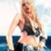 A woman with long blonde hair in a black bikini top and dark bottoms poses against a blue water background, shifting her arms and torso across frames.