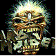 Animated Iron Maiden mascot Eddie with glowing eyes and mouth, wearing spiked shoulder pads and a red chest plate, against a blue background.