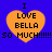 Four orange hearts on blue background with text "I LOVE BELLA SO MUCH!!!!!" in black pixelated font.