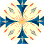 A static pattern of repeating floral motifs with cream, blue, and orange hues on a gray background.