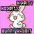 Pixelated bunny icon with orange accents on pink background, featuring three text blocks reading 'HOPPITY', 'HIPPIY', and 'BUNNY HABBIT' in blocky font.