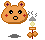 Pixelated orange bear head with purple ear crosses, red cheek marks, and gray shadow; holds a torch-like object with yellow flame.