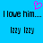 Blue background with black text reading 'I love him....' and 'lzzz lzzz', a pink pixelated heart above the left text block.