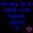 Blue pixelated text on black background reads 'Becky is in LOVE with Derek Jeter !!!' and a pink heart symbol.