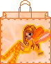 Pixelated doll avatar with orange wings and dress sits inside an orange shopping bag with dashed stitching details.