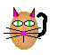 Pixelated cat avatar with brown body, pink nose, green eyes, red and pink ears, black whiskers, and a black tail in various positions.