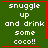 Green square with white pixelated text "snuggle up and drink some coco!!" bordered by red lines, featuring a small red heart in the top-right corner of one frame.