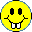 Four yellow circular faces with black outlines display distinct pixelated expressions: top-left has square teeth, top-right shows red lips, bottom-left sticks out a tongue, and bottom-right features checkered cheeks.