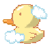 Pixelated yellow duck with orange beak and brown eyes, positioned on a gray background with white clouds, showing slight pose variation between frames.