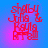 Red pixelated text 'shelby jula kayla' on blue background with pink gradient, four identical arranged in a