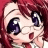 Pixelated anime-style character with red hair and large purple eyes, hand near mouth, next to black background with white text.