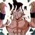 Pixelated static image of a shirtless muscular figure with dark hair, standing in a central pose against a light background with partial figures on sides.