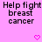 Pixelated text on pink background with two heart symbols, displaying 'Help fight breast cancer' in black block letters.