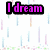 Pixelated text "I dream" in magenta with black outline on left, "of you" in blue with black outline on right over white background with vertical color bars.