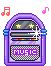 Purple jukebox-shaped icon with 'MUSIC' text, yellow stars, and musical notes on gray background; animated sparkles appear in different positions across frames.