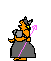 Pixelated character with orange skin, gray dress, and horned helmet in multiple poses including standing, dancing, and raising arms.