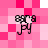 Pixelated pink and white checkered background with four identical black and white floral icons arranged in a