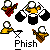 Pixel art of a character with white eyes and colorful clothing holding various items against gray background, including text "Phish" at bottom.