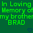 Green pixelated text on dark green background reads 'In Loving Memory of my brothemy BRAD' with two blue heart symbols below.