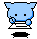 Pixelated blue creature with rounded ears and black eyes, standing on a white base against gray background, showing sequential hand movements.
