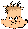 Pixelated cartoon character head with two expressions on gray background, left frame neutral angry face, right frame aggressive teeth-gritting expression.