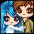 Two pixelated cartoon characters with large eyes, one with blue hair and white clothing, the other with brown hair and a yellow jacket, positioned side-by-side.