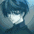Pixelated character with dark blue hair and white face in circular frame, transitioning through four animation states from solid to fragmented ice-like patterns.