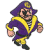 Pixelated cartoon character in purple and yellow outfit running with a wide smile, wearing a tricorn hat on white background.