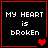 Four black square with red borders display 'MY HEART is bRoKeN' text and heart symbols in pixel art style
