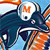 Pixelated cartoon-style icon of a dark blue dolphin mascot with orange accents, wearing a white helmet marked with an orange 'M', against a light blue background with orange streaks.