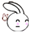 Two side-by-side cartoon bunny heads with black outlines, pink cheeks, and small black eyes, each holding a brown and white object near their ears.